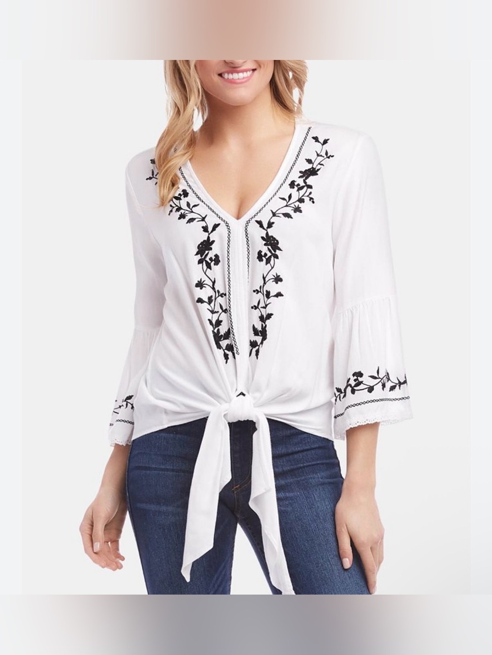 Karen Kane White Embroidered Boho Tie Front Blouse Top Large